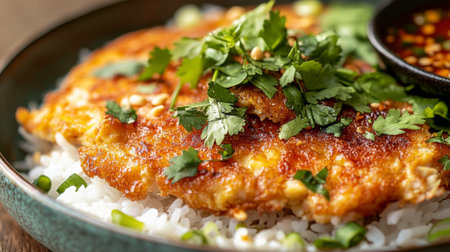 Close-up of a crispy, fluffy Thai omelette resting on rice, served with a side of spicy sauce and fresh herbs, highlighting the texture and rich flavor.の素材