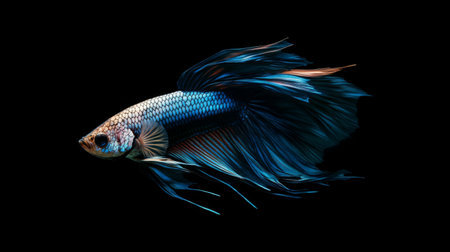 Close-up of a Betta fish with iridescent scales and long, flowing fins, captured in a peaceful aquarium setting with soft lighting that enhances its colors.の素材