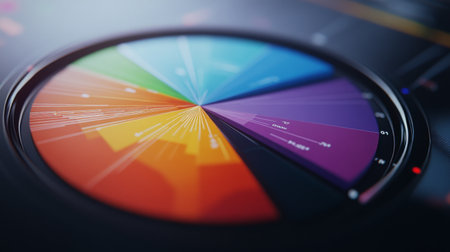 A macro view of a pie chart on a computer screen, highlighting the colorful segments and accompanying legend detailing data values.の素材