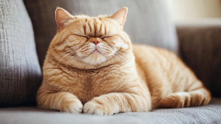 Chubby orange cat resting on a cozy sofa, its eyes half-closed, capturing the calm and peaceful nature of domestic cats.の素材