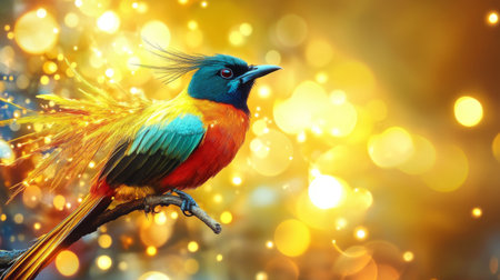 Close-up of an elegant bird with striking feathers, perched on a branch, with a dazzling background of abstract lights creating a vibrant and artistic effect.の素材