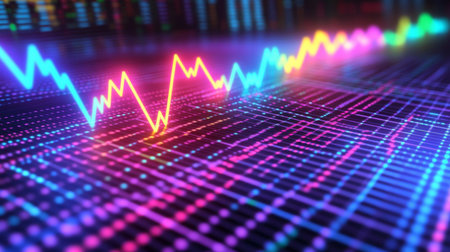 Close-up of a D line graph with rising curves, each axis highlighted in neon colors, representing trends and market data visualization in a high-tech style.の素材