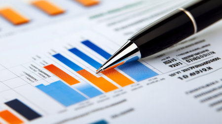 Close-up of a financial graph with a focus on positive growth trends and key performance indicators, set against a backdrop of a bustling business environment.の素材