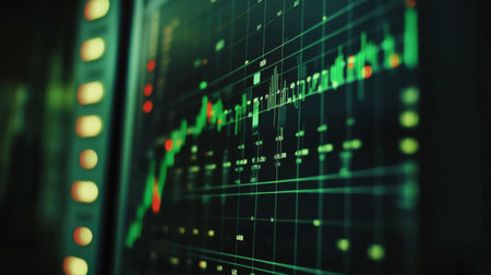Close-up of a computer screen showing a dynamic financial graph with green and red candlesticks, symbolizing fluctuating market conditions.の素材