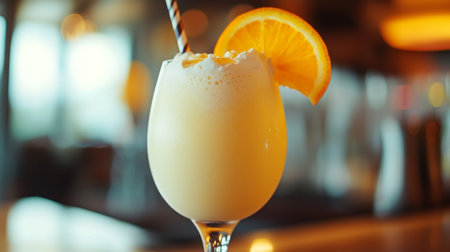 Close-up of a creamy orange smoothie with a bright orange color, served in a modern glass with a straw and a slice of orange for a refreshing touch.の素材