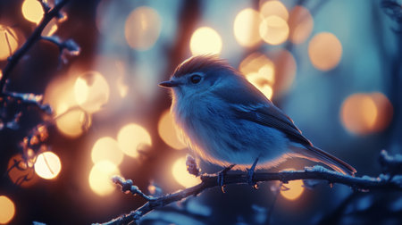 Close-up of a bird with detailed feather patterns, perched on a branch, with a background of softly glowing lights adding depth and a magical feel to the scene.の素材