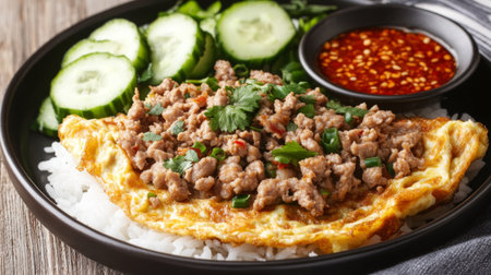 Close-up of a delicious omelette with minced pork, served on top of steamed rice, with chili sauce and fresh cucumbers on the side.の素材