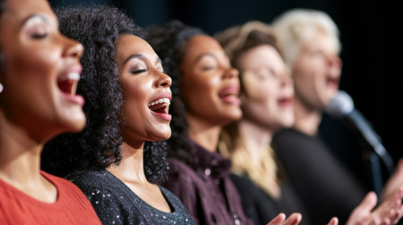Close-up of a diverse group of singers harmonizing together on stage, with expressions of concentration and joy, highlighting the unity in their performance.の素材