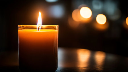 Close-up of a candle flame in a dimly lit room, with the flame illuminating the surrounding area and creating a tranquil, intimate setting.の素材