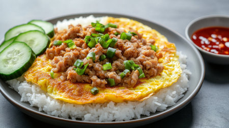 Close-up of a delicious omelette with minced pork, served on top of steamed rice, with chili sauce and fresh cucumbers on the side.の素材