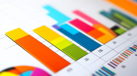 Close-up of a financial graph with a focus on positive growth trends and key performance indicators, set against a backdrop of a bustling business environment.の素材