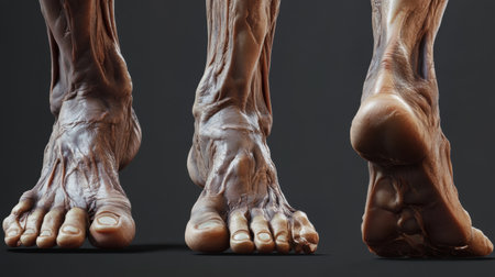 Close-up of a human foot in various angles, highlighting the arches, toes, and skin texture, with attention to anatomical detail and natural appearance.の素材