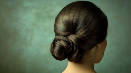 Close-up of a woman with a stunning, classic chignon hairstyle, featuring neatly arranged hair and a refined, elegant appearance.の素材