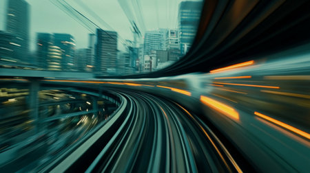 Close-up of a high-speed train in a motion blur, illustrating the incredible speed and efficiency of the train as it travels through a bustling cityscape.の素材