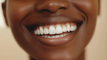 Close-up of a person smiling with bright, white teeth, showcasing the perfect alignment and radiance of their smile against a neutral background.の素材