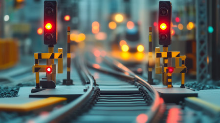 Close-up of a railway crossing with warning signals, showcasing the tracks, crossing gates, and safety lights in a busy urban setting.の素材