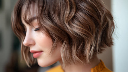 Close-up of a womans hair styled in a chic bob with soft, tousled waves, showcasing the modern and fashionable look.の素材