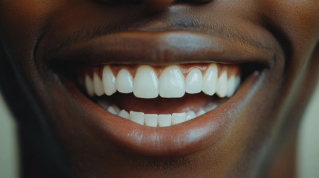 Close-up of a person grinning with an open mouth, highlighting the vivid whiteness and healthy appearance of their teeth and gums.の素材