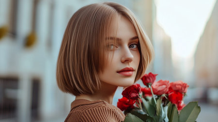 Close-up of a woman with a chic bob haircut, emphasizing the sleek, well-maintained ends and the overall stylish look against a clean background.の素材