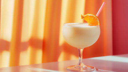Close-up of a stylish glass filled with a creamy orange smoothie, decorated with a twist of orange peel and a bright straw, set on a clean, bright surface.の素材