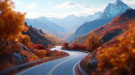 Close-up of a picturesque mountain road with sharp curves and stunning vistas of distant mountain ranges, framed by vibrant autumn foliage.の素材