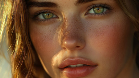 Close-up of a woman's beautiful face, with clear, glowing skin and a serene expression, highlighting her natural beauty and elegance.の素材