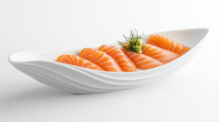 Close-up of a salmon sashimi platter with delicate slices of fish on a white background, emphasizing the freshness and elegant presentation of the dish.の素材