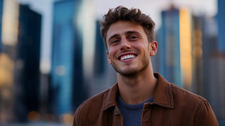 Close-up of a young businessman smiling confidently while standing in front of a city skyline, reflecting success and ambition in his professional journey.の素材