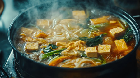 Close-up of a hot pot with an assortment of fresh ingredients, including seafood, vegetables, and tofu, all cooking together in a flavorful broth.の素材