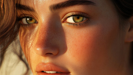 Close-up of a woman with a graceful expression and glowing skin, emphasizing her symmetrical features and serene beauty in a high-definition shot.の素材