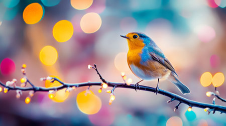 Close-up of a vibrant bird perched on a branch, with a stunning, blurred background of colorful lights and bokeh effects creating a magical atmosphere.の素材