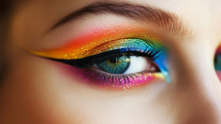Close-up of a woman with vibrant, artistic makeup, featuring colorful eyeshadow and eyeliner, demonstrating creativity and boldness in her beauty look.の素材