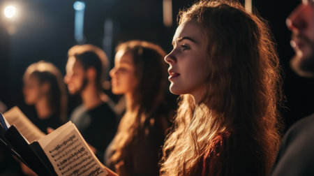 Close-up of a vocal group in rehearsal, with singers holding sheet music and focused expressions, showcasing their commitment to achieving perfect harmony.の素材