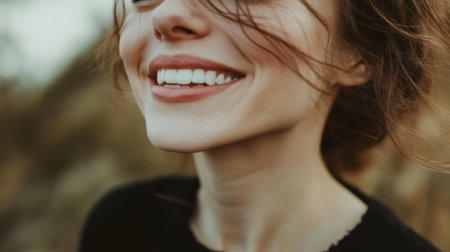 Close-up of a woman with a subtle, elegant smile, showing her white, well-maintained teeth and adding a touch of sophistication to her expression.の素材