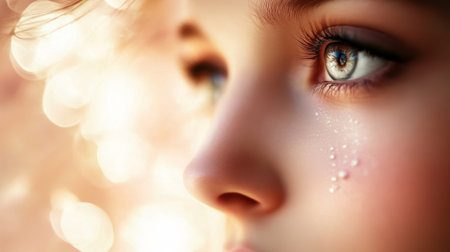 A macro shot of a womans face with dewy, radiant skin, subtle makeup, and a soft expression, set against a blurred background.の素材