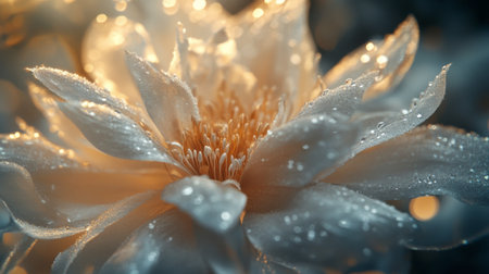 Close-up of a delicate flower with glistening water droplets on its petals, capturing the intricate details and fresh, dewy appearance.の素材