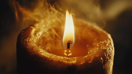 Close-up of a candle flame flickering softly in the dark, casting a warm, golden glow and creating a serene, peaceful ambiance.の素材