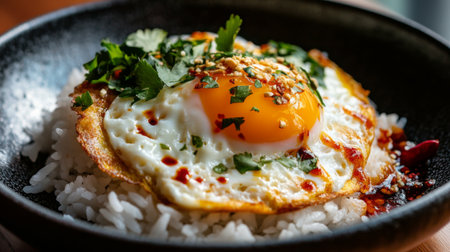 Close-up of a classic Thai omelette served on white rice, with a drizzle of fish sauce and chili on the side, highlighting the texture and fluffiness of the egg.の素材