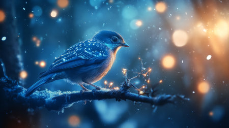 Close-up of a bird with detailed feather patterns, perched on a branch, with a background of softly glowing lights adding depth and a magical feel to the scene.の素材