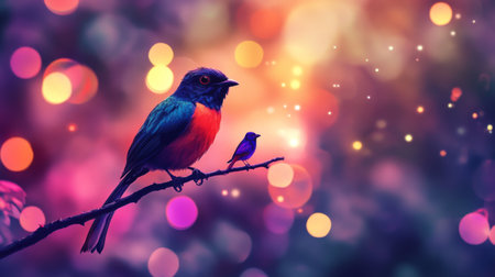 Close-up of a vibrant bird perched on a branch, with a stunning, blurred background of colorful lights and bokeh effects creating a magical atmosphere.の素材