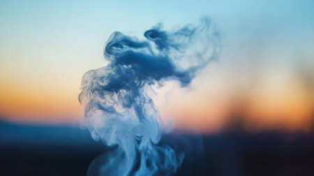 Close-up of smoke from a small bonfire at dusk, with the smoke merging with the evening light and creating a warm, atmospheric scene.の素材