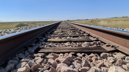 Close-up of railway tracks stretching into the distance, with focus on the metal rails, wooden sleepers, and gravel bed under a clear blue sky.の素材