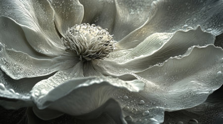 Detailed image of a flower with intricate water droplets on its petals, highlighting the textures and natural beauty of the flower in a serene setting.の素材