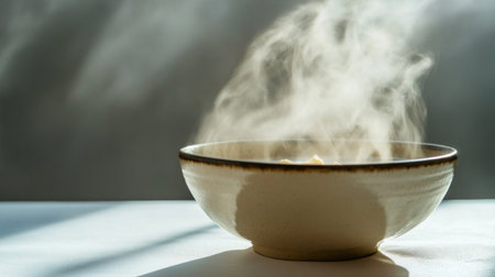 Detailed shot of a bowl of hot soup with a vibrant, rich color and steam rising, highlighting its delicious ingredients and inviting presentation on a white backdrop.の素材