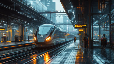 Detailed shot of an electric train station with a train arriving, capturing the trains high-tech design and the bustling activity on the platform.の素材