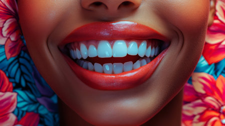 Detailed shot of a confident woman with a wide, genuine smile, highlighting her pearly white teeth and the overall glow of her expression.の素材