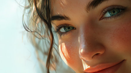 Detailed close-up of a womans face with a warm smile and natural beauty, capturing the subtle nuances of her skin texture and facial expression.の素材