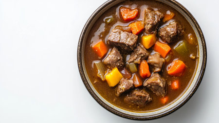 Detailed view of a bowl of hot soup with a thick, hearty texture, featuring chunks of meat and vegetables, set against a simple white backdrop.の素材