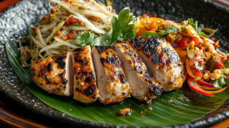 Detailed shot of grilled chicken breast served with a side of spicy papaya salad, emphasizing the golden-brown grill marks and colorful salad ingredients.の素材