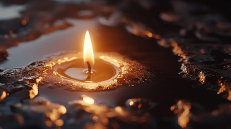 Detailed shot of a single candle flame with a focus on the delicate, dancing light and the melting wax surrounding it, evoking a cozy atmosphere.の素材